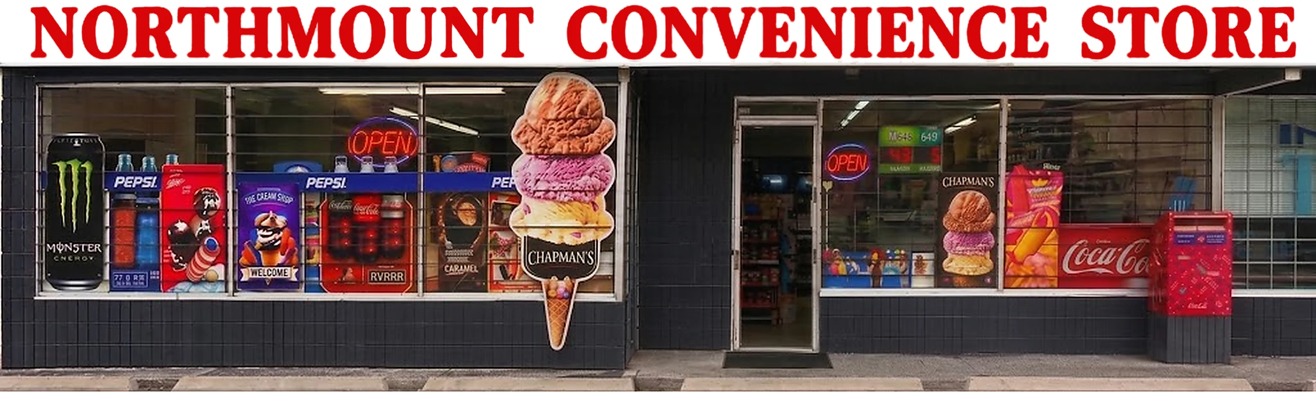 Northmount Convenience Store storefront and red sign
